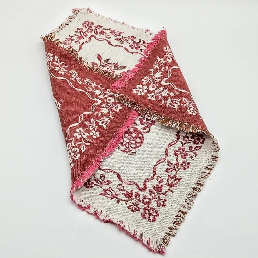 Vintage Red Floral Cotton Linen Fringed Square Woven Napkins